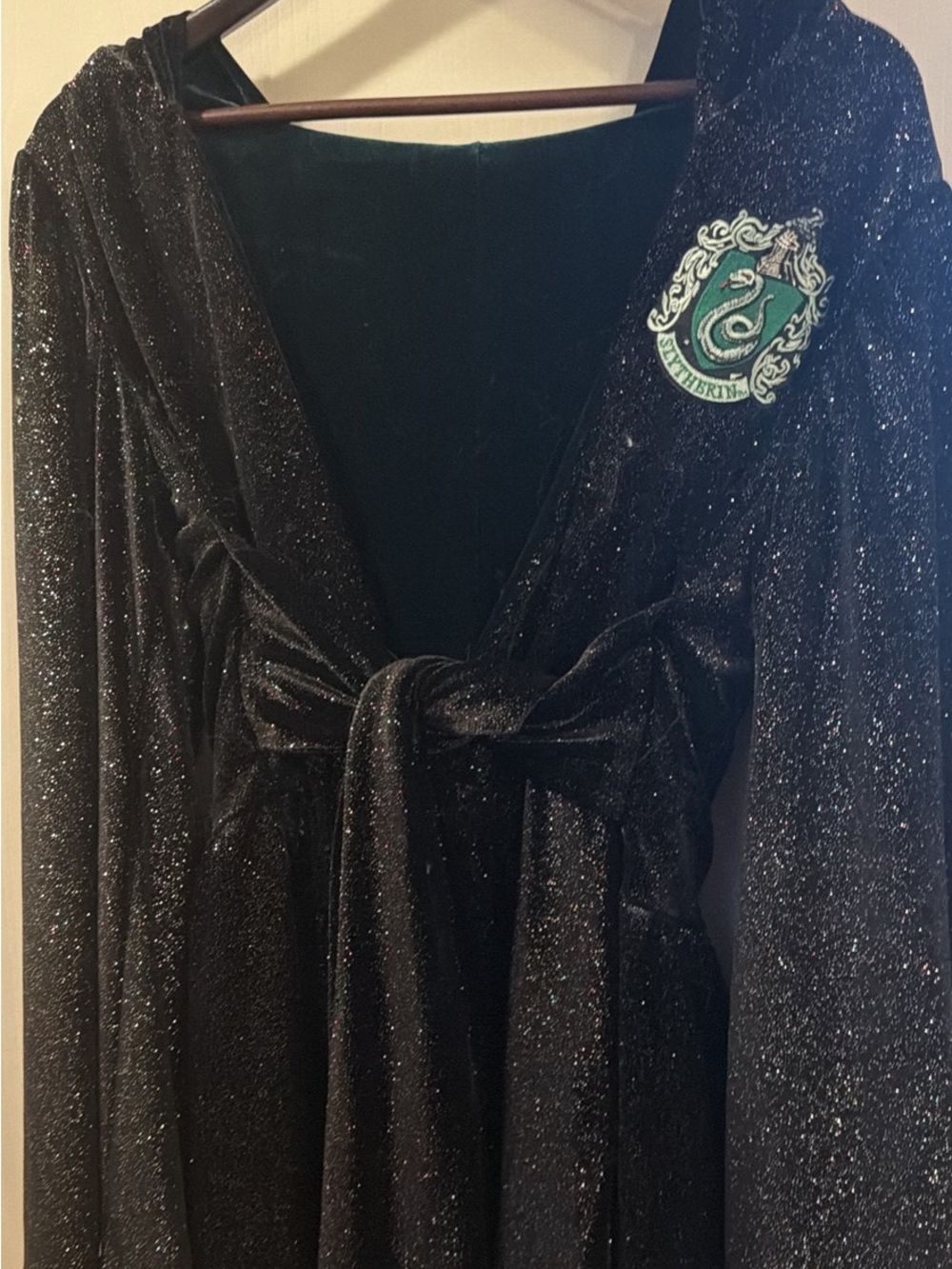 Hand Sewn Slytherin Emblem Black Sparkle Velvet Robe Dress